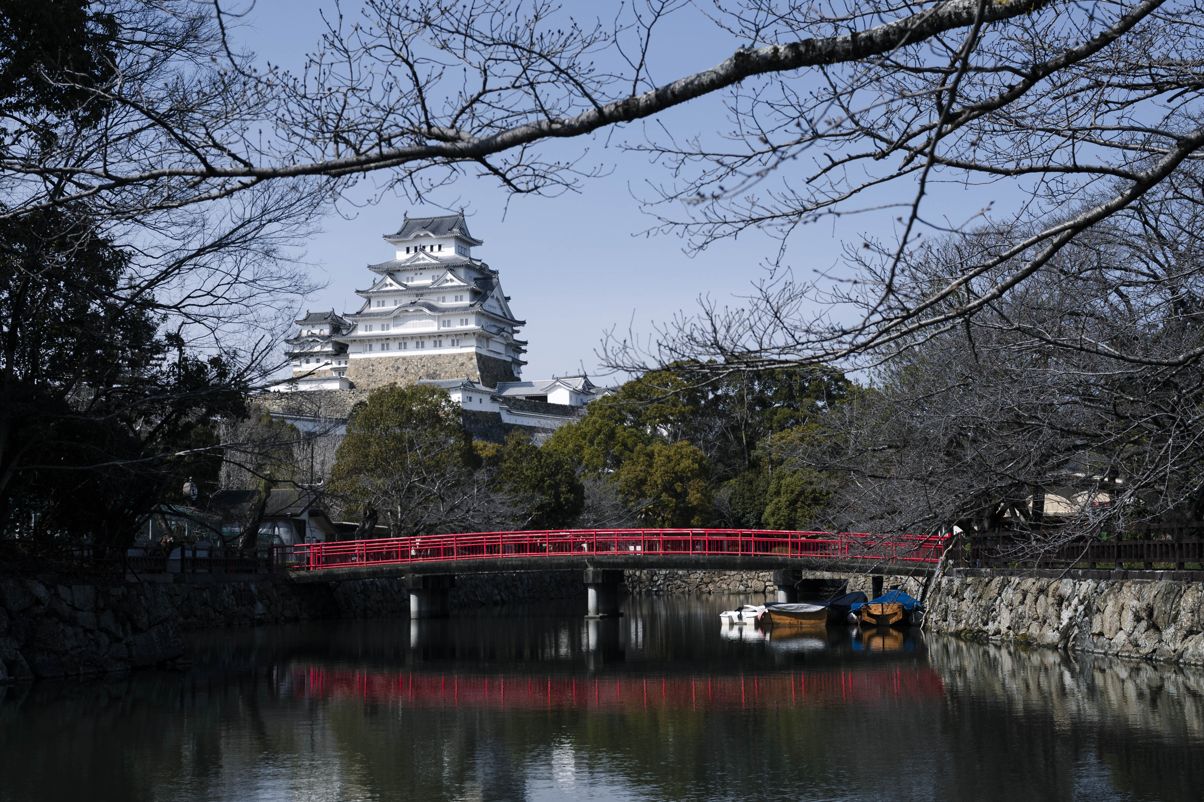 Himeji Castle — View 19: Branches Awaiting Spring (from Near Himeji Zoo, winter afternoon)