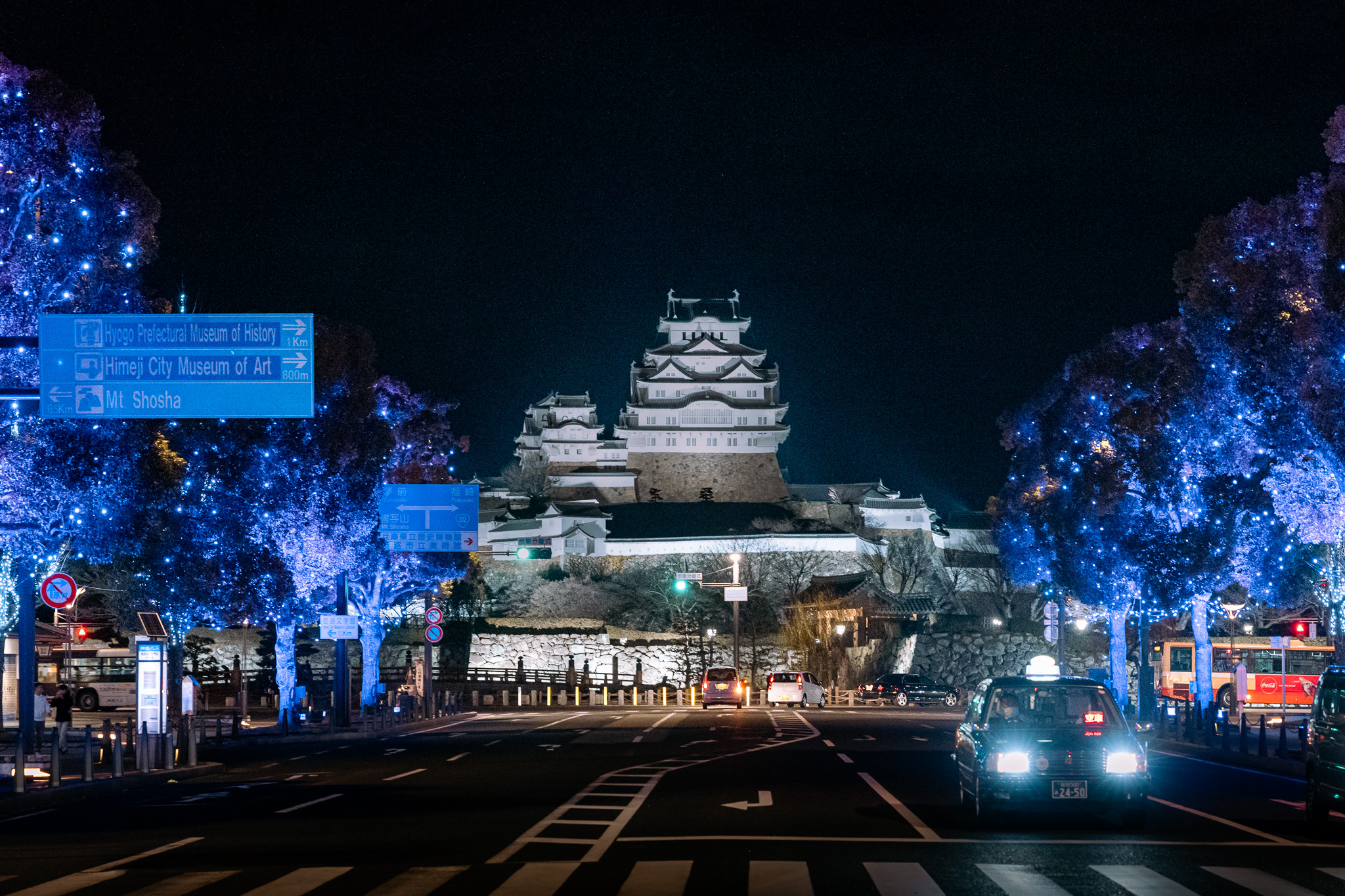 姫路城 — 第二十景 大手前通り 冬夜の光帯（大手前通り（イーグレ姫路前交差点付近）から、冬の夜）