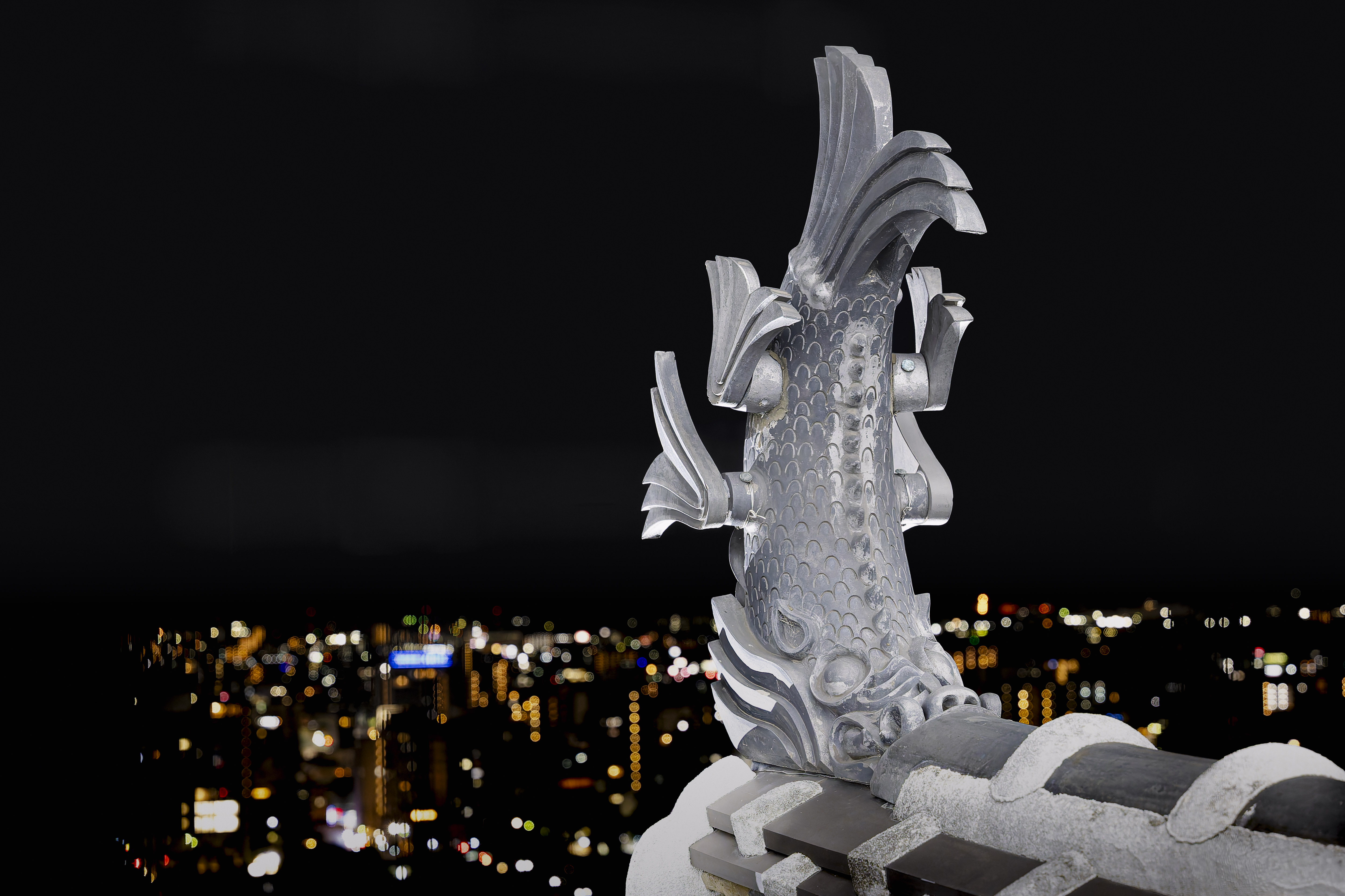 Himeji Castle — View 28: The Shachihoko and City Lights from the Keep (from Top floor of the Main Keep, Himeji Castle, spring night)