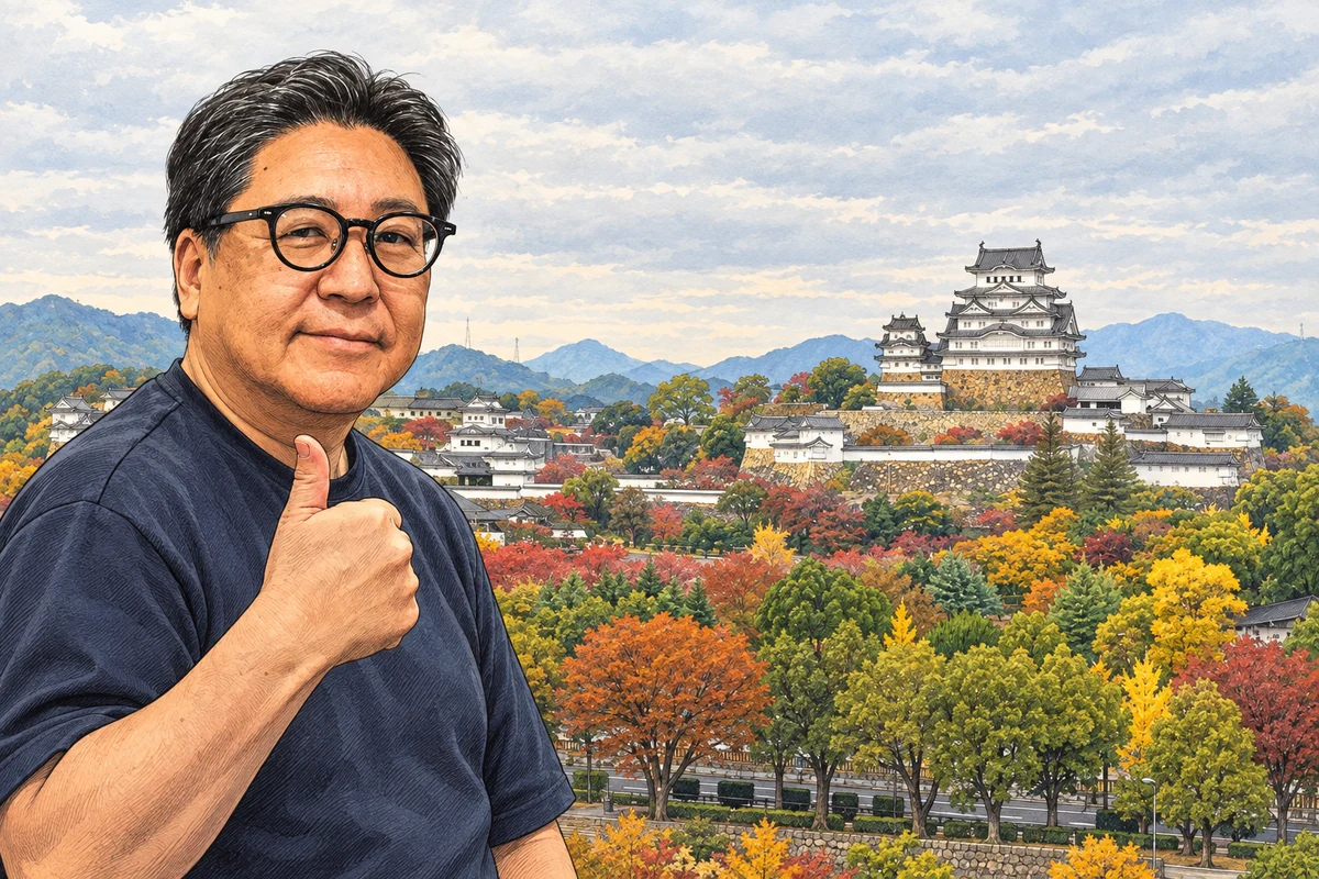 Toji Masaya giving a thumbs-up in front of Himeji Castle in autumn. AI illustration based on his photographs