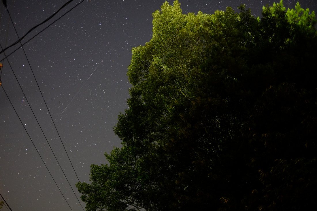 木立と電線のシルエット越しの星空。斜めに一本の光の筋が走っている